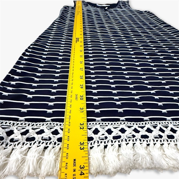 Sara Campbell Navy Stripe Shift Dress Tassel Fringe Hem Fully Lined Stretch M - Picture 8 of 13